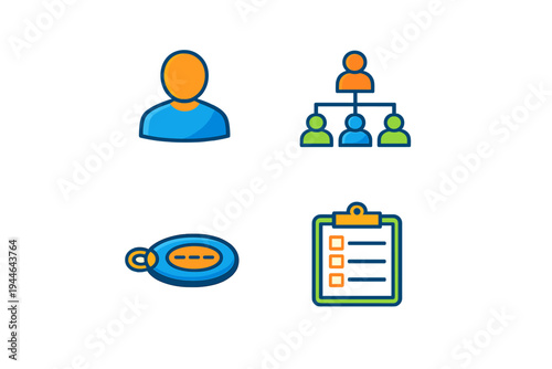 A set of four colorful business icons featuring a user profile, an organizational hierarchy chart, a security key fob, and a checklist on a clipboard against a black background.