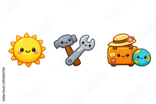 This set of kawaii illustrations includes a happy sun, a hammer and wrench tool pair, and a travel suitcase with a hat and globe, all featuring friendly faces on a black backdrop.