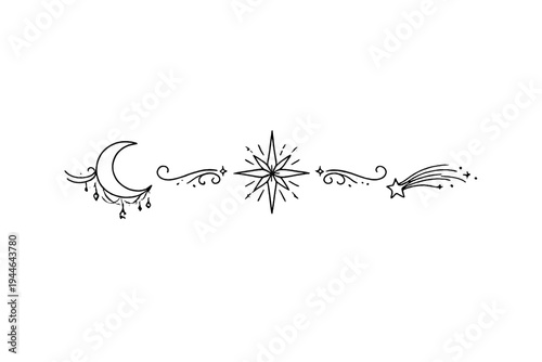 A minimalist celestial line art illustration featuring a crescent moon with ornaments, a central multi-pointed star, and a shooting star, all connected by decorative swirls on a black background.