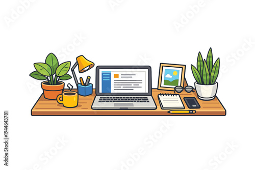 A flat vector illustration of a modern wooden desk workspace featuring a laptop, potted plants, a yellow coffee mug, a desk lamp, a notebook, and various office supplies on a black background.
