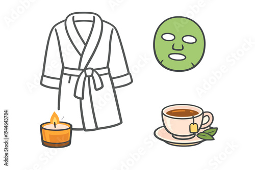 A collection of spa and relaxation icons featuring a bathrobe, a green facial sheet mask, a lit scented candle, and a cup of hot tea with a tea bag on a black background.