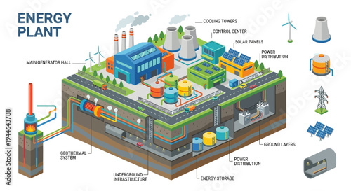 Detailed illustration of a modern energy plant and its infrastructure