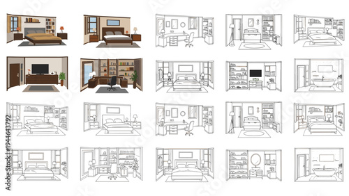 Extensive collection of interior room sketches offers both colored and line-art versions of bedrooms and living spaces for design ideas.
