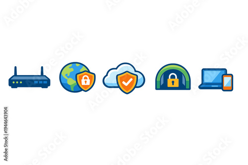 A set of five colorful icons representing internet security and network connectivity, including a router, a globe with a shield, a cloud, a secure tunnel, and mobile devices.