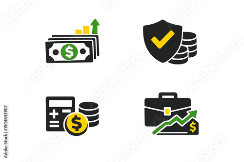 A set of four financial icons featuring a stack of cash with a growth arrow, a protective shield with coins, a calculator with money, and a briefcase with a rising profit graph.