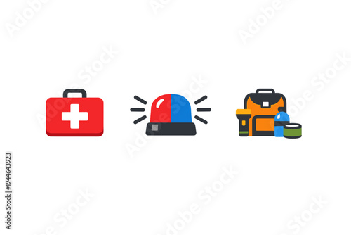 Three emergency icons on a black background featuring a red first aid kit, a red and blue siren, and a survival gear set with a backpack, flashlight, and water bottle.