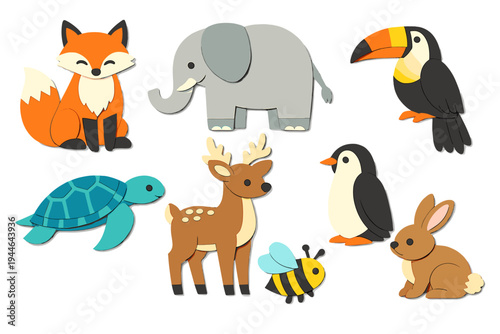 A collection of eight cute animal illustrations in a layered paper-cut style, featuring a fox, elephant, toucan, turtle, deer, penguin, bee, and rabbit on a solid black background.