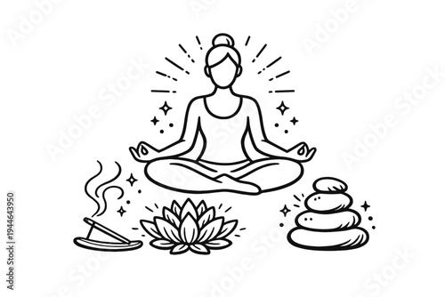 Minimalist line drawing of a woman in a yoga pose with incense, a lotus flower, and balanced stones. This vector illustration represents mindfulness and spiritual wellness.