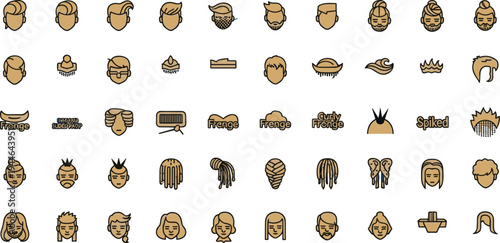 Minimalist hairstyle and hair accessory icon collection featuring diverse cuts braids buns fringes spikes dreadlocks combs hats modern fashion design vector illustration set