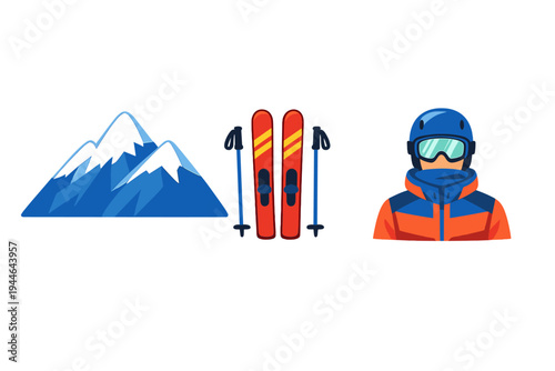 A set of three vector illustrations featuring snow-capped blue mountains, a pair of red skis with poles, and a person wearing a blue helmet and orange winter jacket on a black background.
