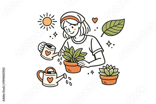 A simple line art drawing of a girl caring for her indoor garden. She uses a watering can to hydrate green plants in pots under a bright sun, surrounded by decorative heart and leaf icons.