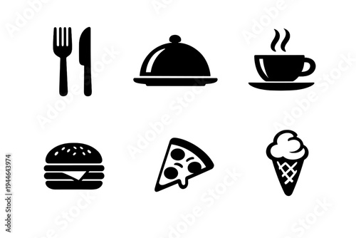 A black and white graphic illustration featuring two simple addition equations using fast food icons like burgers, french fries, a coffee cup, and an ice cream cone on a dark background.