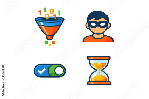 A set of four flat vector icons featuring a data funnel with binary code, a masked hacker character, a toggle switch in the on position, and an hourglass with flowing sand.