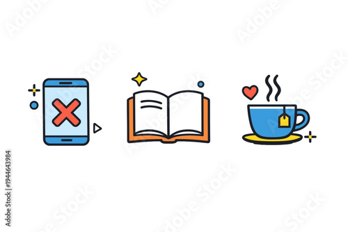 Three flat vector icons on a black background depicting a smartphone with a red cross, an open book, and a steaming cup of tea with a heart, representing digital detox and relaxation.