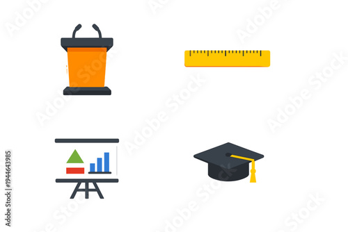 A collection of four flat icons representing education and business, including a podium, a yellow ruler, a presentation board with charts, and a dark graduation cap with a yellow tassel.