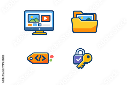A set of four colorful flat icons representing digital media, file management, coding, and security, featuring a monitor, folder, tag, and a lock with a key.