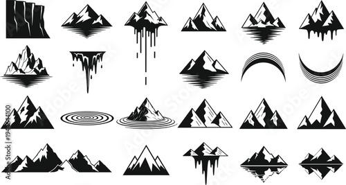 Set of black mountain icons and abstract nature symbols with peak silhouettes water reflections dripping ice stalactites and minimalist geometric hills for logo design