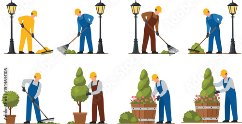 Set of flat vector gardener characters working with tools landscaping maintenance gardening workers trimming plants raking leaves planting flowers and street lamp cleaning service illustrations
