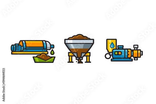 A set of three industrial machinery icons including a decanter centrifuge, a material hopper, and a liquid pump. These flat vector illustrations use vibrant colors on a dark background.