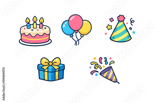 A collection of colorful birthday celebration icons including a cake with candles, balloons, a party hat, a gift box, and a party popper with confetti on a black background.