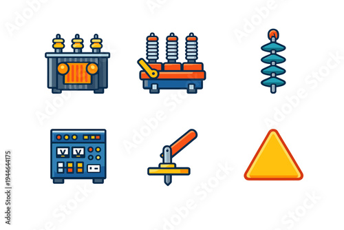 A collection of six flat vector icons representing electrical power infrastructure, including a transformer, control panel, insulator, and a yellow warning triangle on a black background.