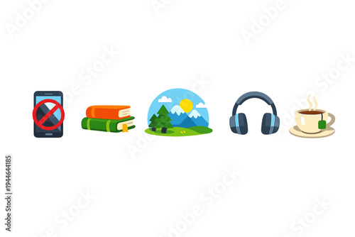 A collection of five colorful icons representing digital detox and relaxation, including a crossed-out phone, books, a nature scene, headphones, and a cup of hot tea on a black background.