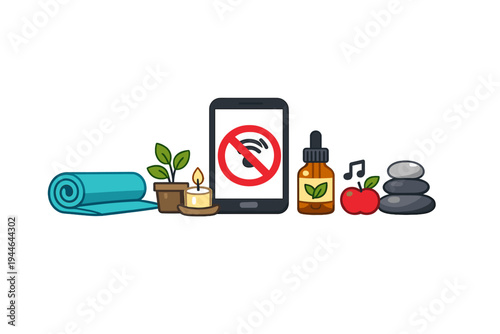 A flat illustration of various wellness icons including a yoga mat, plant, candle, smartphone with a no internet symbol, essential oil, apple, and zen stones on a black background.
