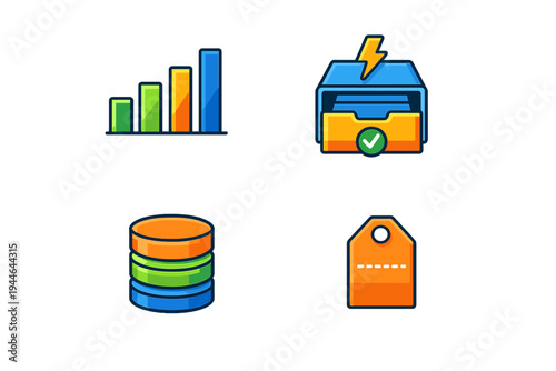 Four vibrant flat icons representing business analytics, data storage, and commerce, featuring a bar graph, a file cabinet, a database stack, and a price tag on a black background.