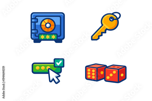 A collection of four stylized icons includes a blue metal safe, a golden key, a green password input bar with a checkmark, and two red gaming dice against a solid black backdrop.