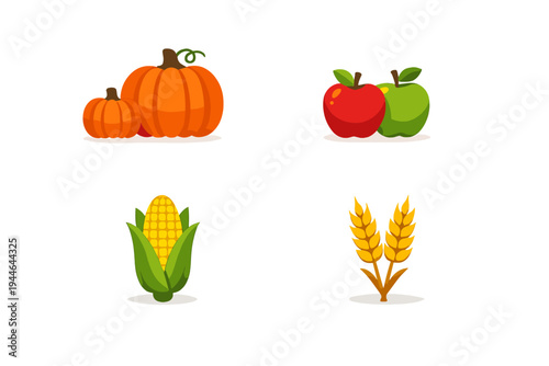 A collection of four agricultural illustrations featuring orange pumpkins, red and green apples, an ear of corn, and stalks of wheat, all set against a solid black background.