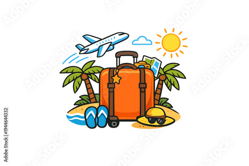 A colorful cartoon illustration featuring an orange suitcase on a beach with palm trees, flip-flops, a sun, and an airplane flying overhead, representing a summer vacation theme.