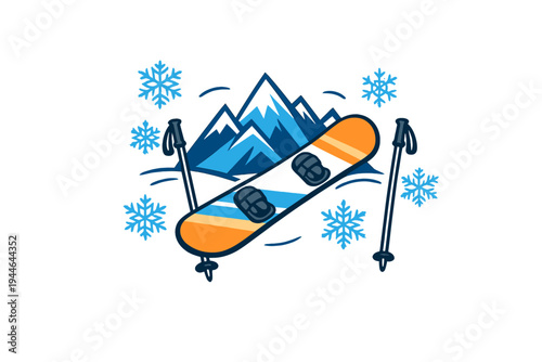 A vibrant orange and blue snowboard with ski poles is surrounded by snowflakes and stylized mountain peaks on a black background in this graphic vector illustration.