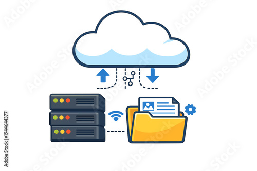 A conceptual illustration featuring a blue cloud with upload and download arrows, a stack of server hardware, and a file folder, symbolizing data storage and network connectivity.