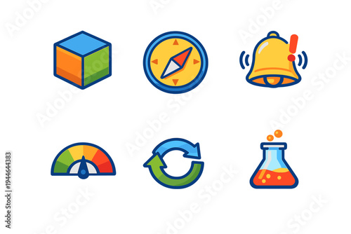 Six vibrant vector icons featuring a 3D cube, navigation compass, alert bell, performance gauge, circular arrows, and a laboratory flask isolated on a dark background.