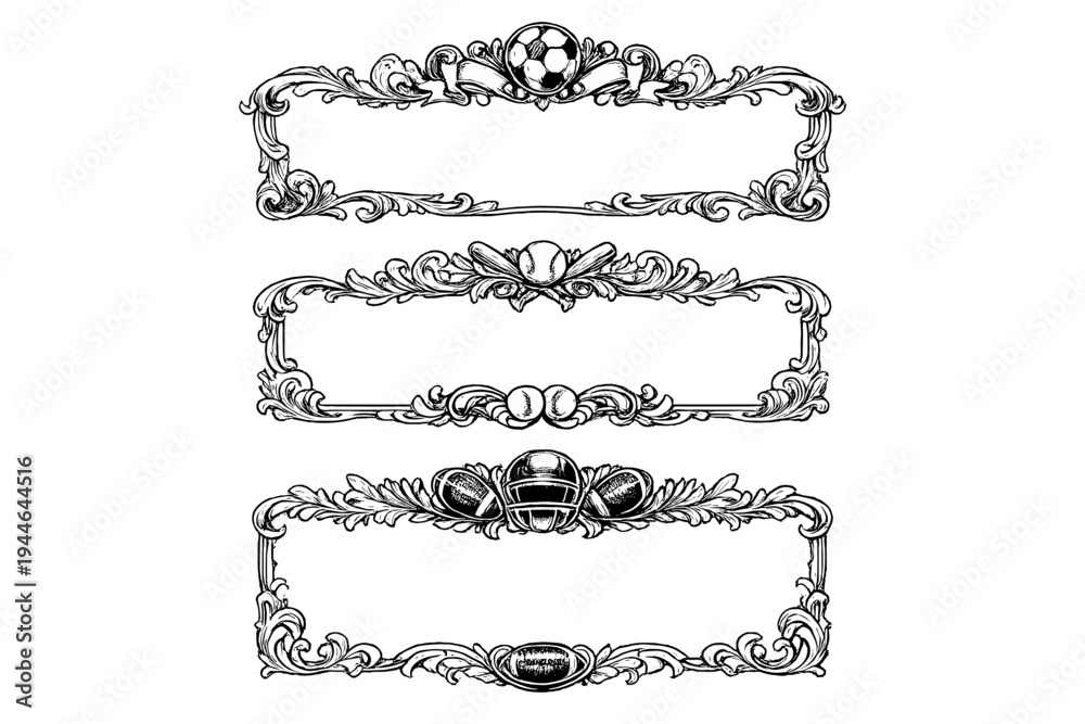 Fototapeta premium Set of three decorative vintage frames featuring sports themes like soccer, baseball, and football. These black and white illustrations show detailed scrollwork and filigree elements.