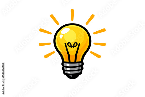 A glowing yellow light bulb illustration with orange rays emanating from it against a solid black background, symbolizing a bright idea, creativity, and sudden inspiration.