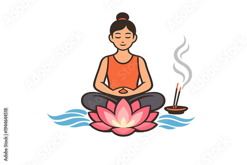 A flat illustration of a woman meditating in a lotus pose with a pink lotus flower and incense sticks. She has a peaceful expression and is surrounded by blue water waves.