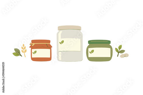 Three glass jars with blank labels and leaf icons are arranged in a row against a black background, surrounded by simple botanical illustrations of leaves, wheat, and seeds.