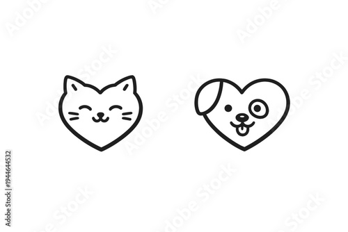 A simple black and white line art illustration of a cat and a dog with heart-shaped faces. These minimalist icons symbolize love for pets, animal adoption, and veterinary care.