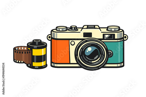 A flat vector illustration features a retro film camera with orange and teal panels alongside a yellow film canister. The graphic is set against a solid black background.