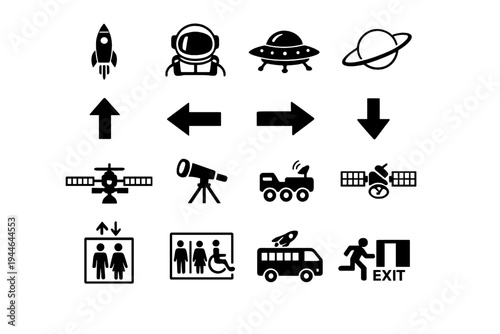This set of sixteen minimalist black and white icons includes space elements like a rocket and UFO, directional arrows, and public signs such as an elevator and exit.