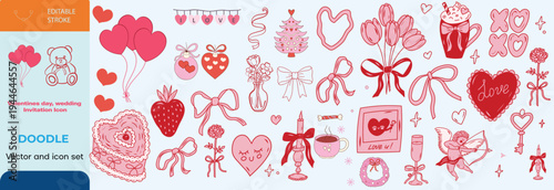 Set of hand drawn coquette elements for Valentines day, wedding invitation, birthday card. Cute girly bows, ribbons, cherry, cake, toy bear, cocktail, rose, strawberry. Vintage vector illustration