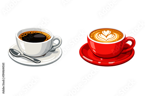 A white ceramic cup of black coffee with a silver spoon and a red cup of latte with heart-shaped foam art are illustrated side by side on a solid black background.
