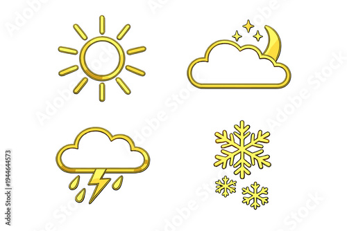 A set of four golden weather icons including a sun, a night sky with a moon and stars, a storm cloud with lightning and rain, and snowflakes, all set against a black background.