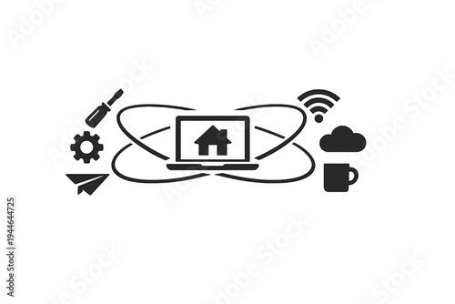 A minimalist black and white illustration featuring a laptop with a house icon, surrounded by orbital rings and symbols for tools, connectivity, cloud storage, and remote work.