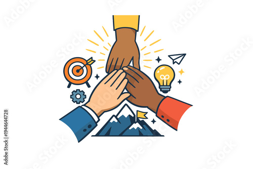This flat vector illustration shows three hands of different skin tones joining together, accompanied by icons representing teamwork, innovation, goals, and achievement.