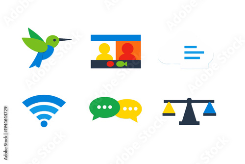 A collection of six colorful flat icons on a black background, including a hummingbird, video call interface, cloud document, wifi signal, chat bubbles, and a balance scale.