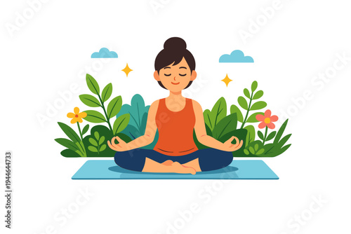 A flat illustration of a woman sitting in a lotus yoga pose on a blue mat, surrounded by lush green plants and colorful flowers under a clear sky with small clouds and stars.