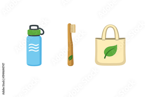 This vector illustration displays three eco-friendly items: a blue reusable water bottle, a bamboo toothbrush, and a beige fabric tote bag, all representing a sustainable lifestyle.