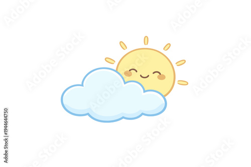 A cute cartoon illustration of a smiling yellow sun peeking out from behind a fluffy light blue cloud. The sun has a happy face with pink cheeks and simple rays.